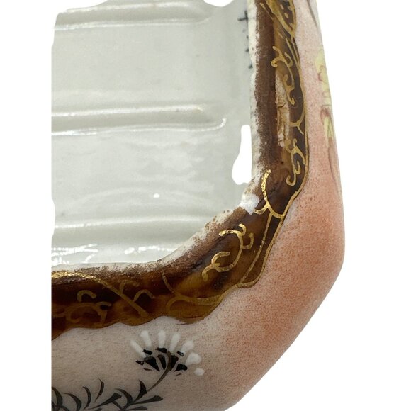 Vintage 40s Asian Art Porcelain Trinket Box Lidded Handle Floral Butterfly - Picture 12 of 13